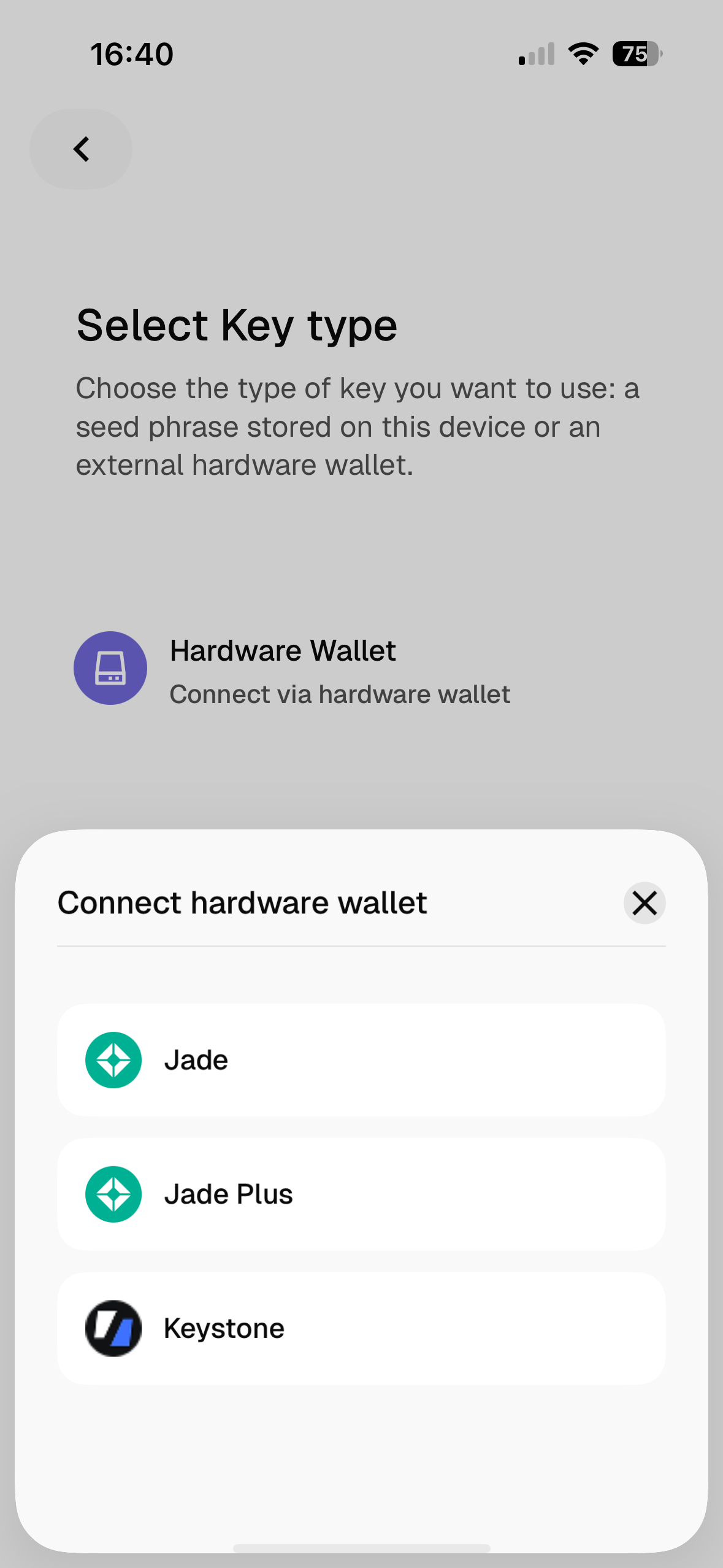 BitVault app showing hardware wallet selection: Jade, Jade Plus and Keystone